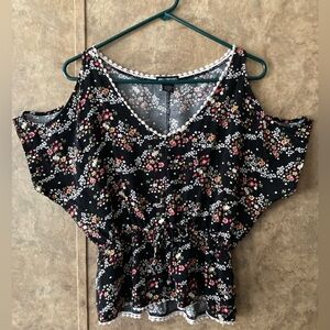 Miss Chievous Y2K Floral Peasant Black Cottage Core Open Shoulder Blouse Top S